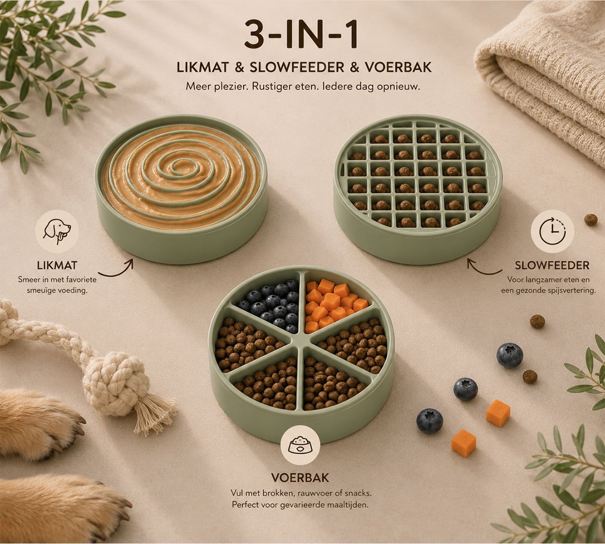 3 in 1 slowfeeder hond likmat groen